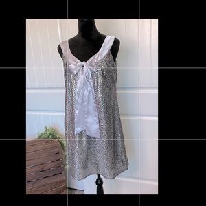 Elegant Silver Sequins & Satin A-line Midi Dress